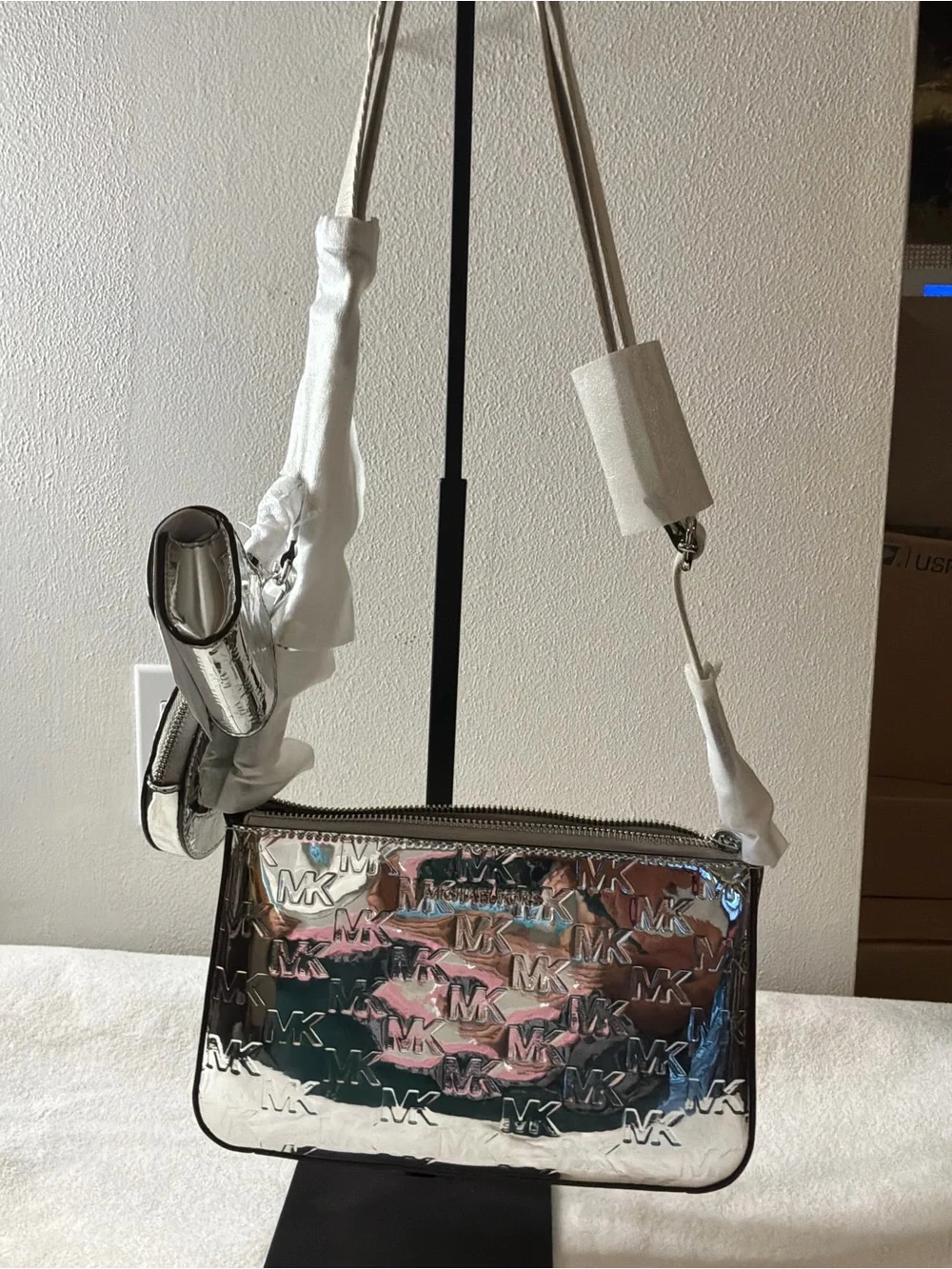 Michael Kors Iridescent Silver Holographic MK Logo Crossbody with Coin Pouch